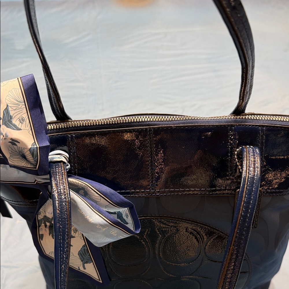 Coach Navy Blue Laura Signature Nylon Tote with Floral Scarf and Dust Bag EUC - Picture 5 of 7